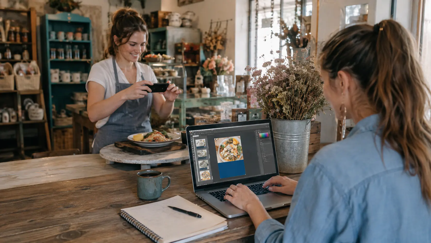 Facebook marketing workflow for a Louisiana small-business owner using photos and branded social content.