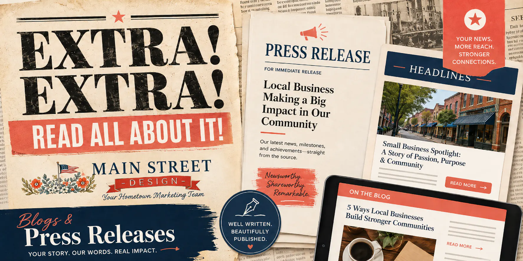 Blogs and press releases service card for Main Street Design with Extra Extra headline, press release, headlines and blog publishing