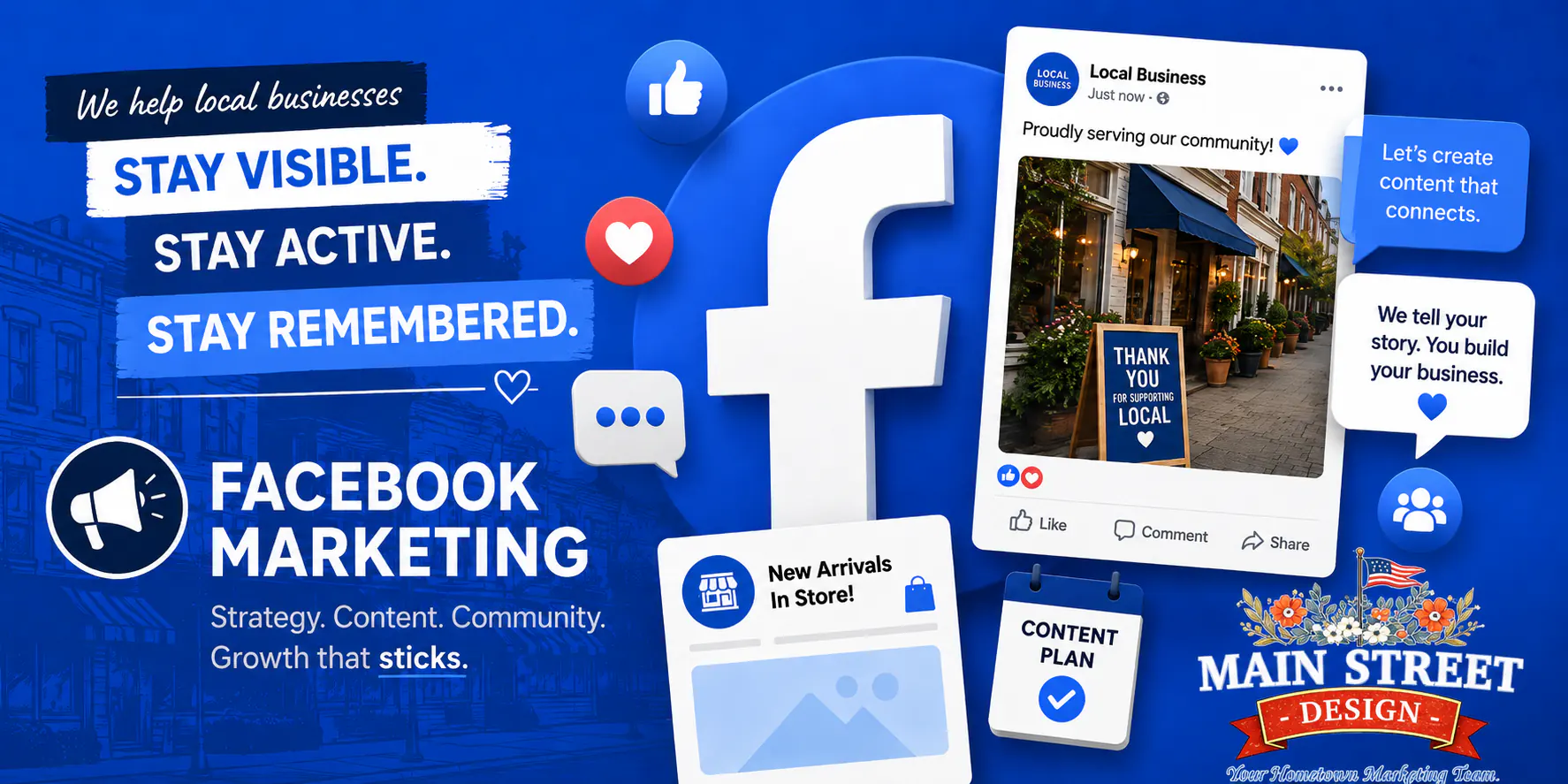 Facebook marketing service card for Main Street Design with Facebook branding, social posts and local business content