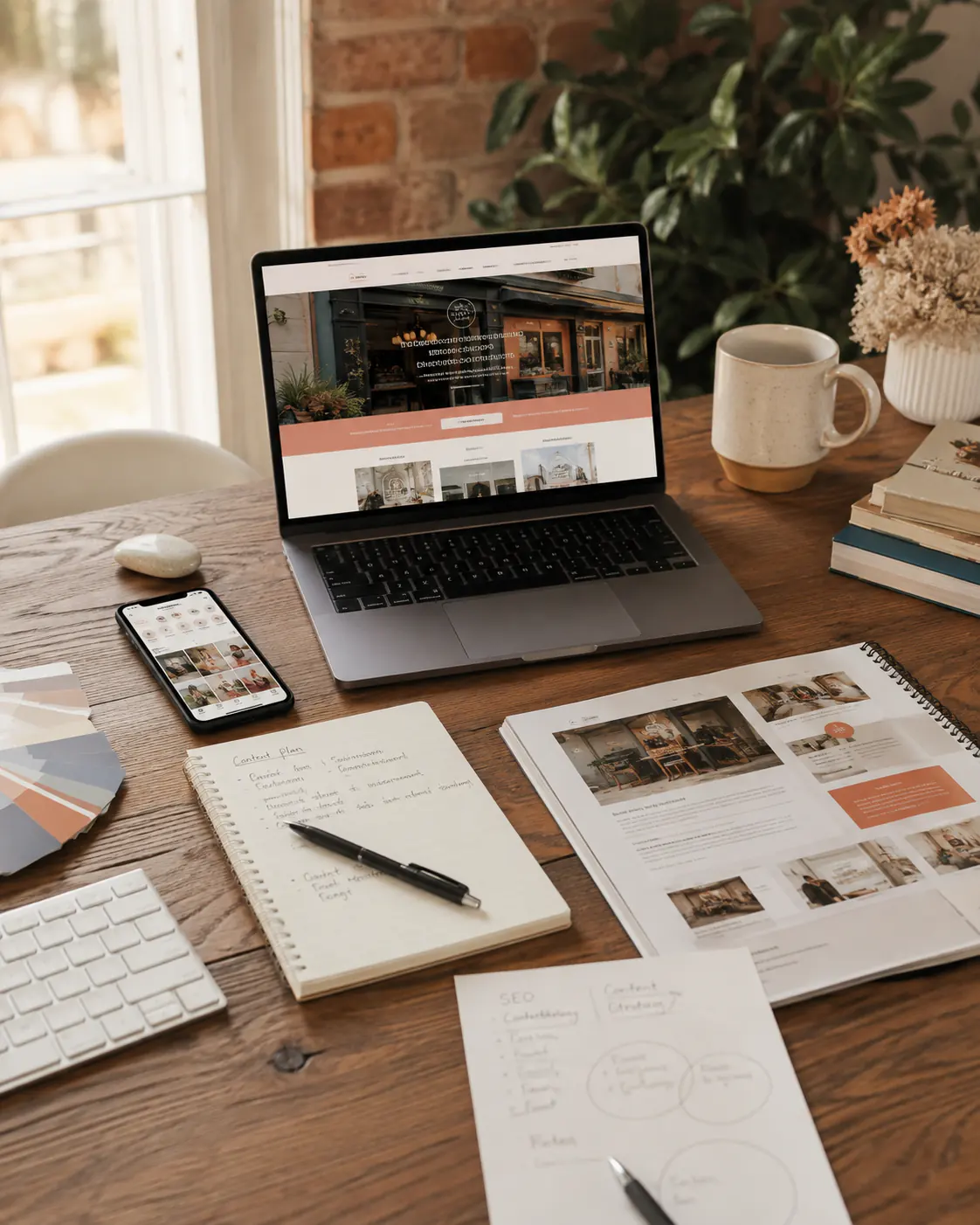 Main Street Design small business marketing workspace with website planning, social media planning, and content strategy materials in Covington Louisiana