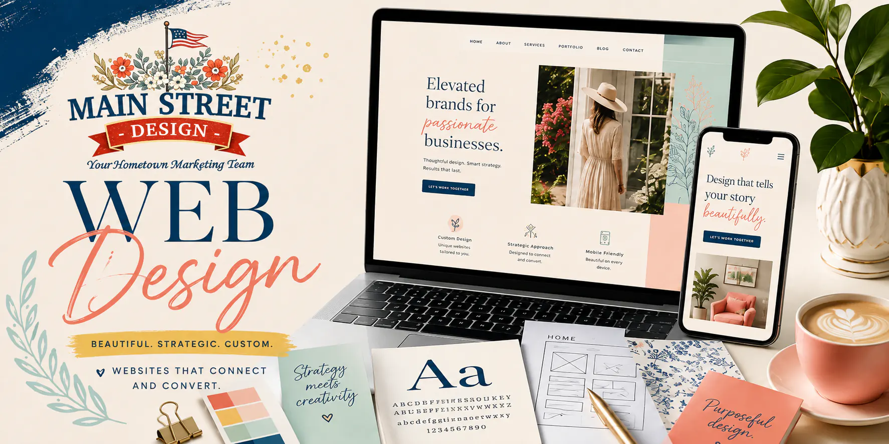 Colorful web design service card for Main Street Design showing website mockups, branding, typography and creative design tools