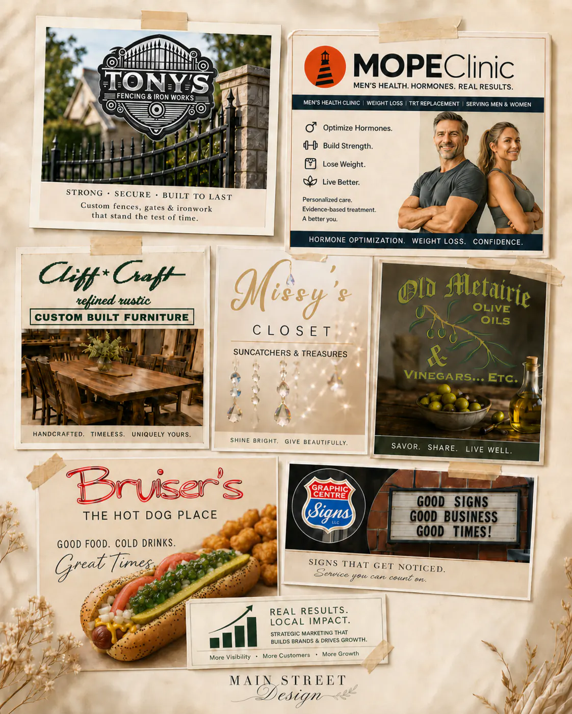 Small business marketing portfolio examples with Facebook posts, graphics, reels, and community content