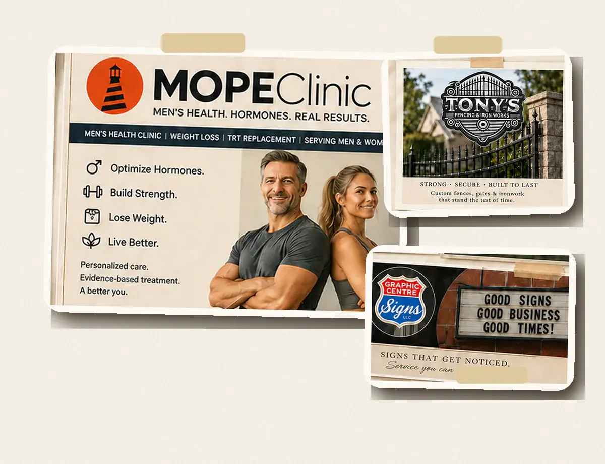 Seasonal campaigns, promotions, reviews, product features, and local marketing materials created for small businesses