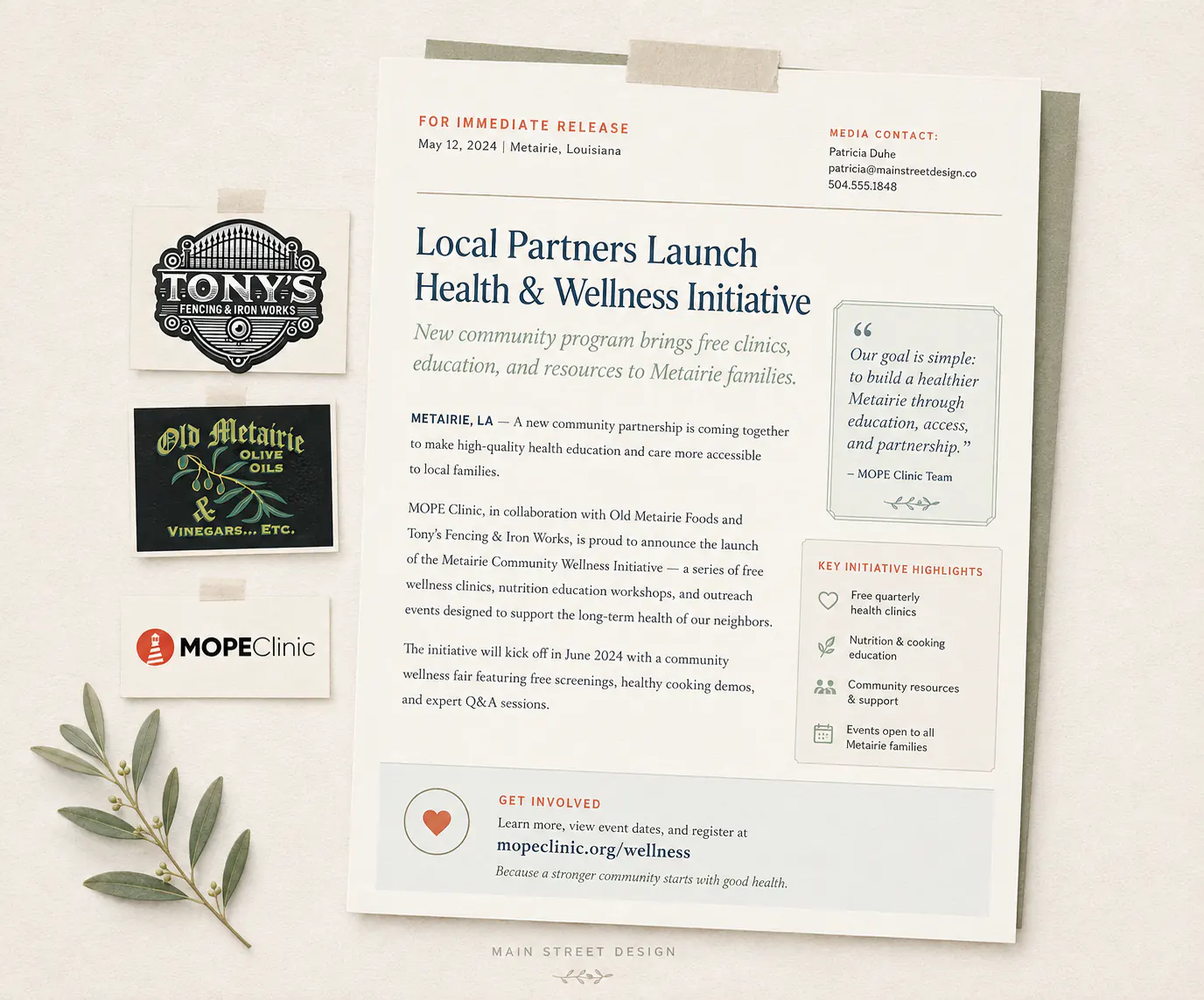Local educational press releases written and distributed for Main Street Design clients