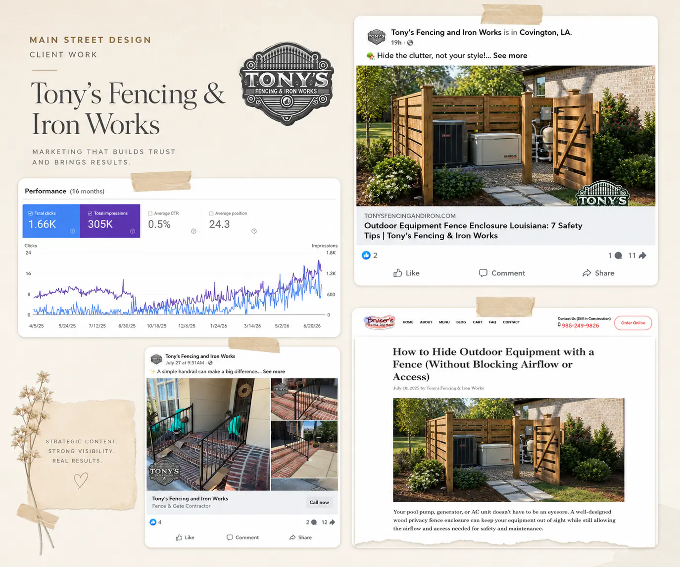 Tony’s Fencing Facebook posts, educational articles, and local marketing created by Main Street Design