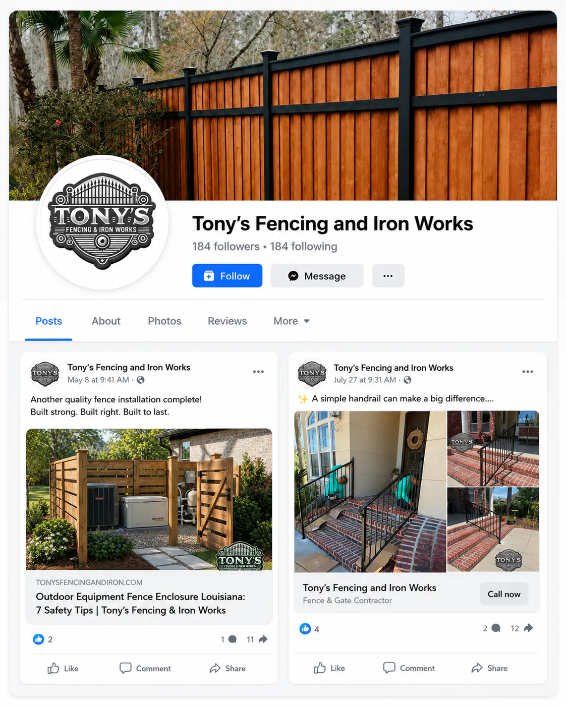 Slidell small business marketing example with Facebook posts for Tony’s Fencing and Iron Works