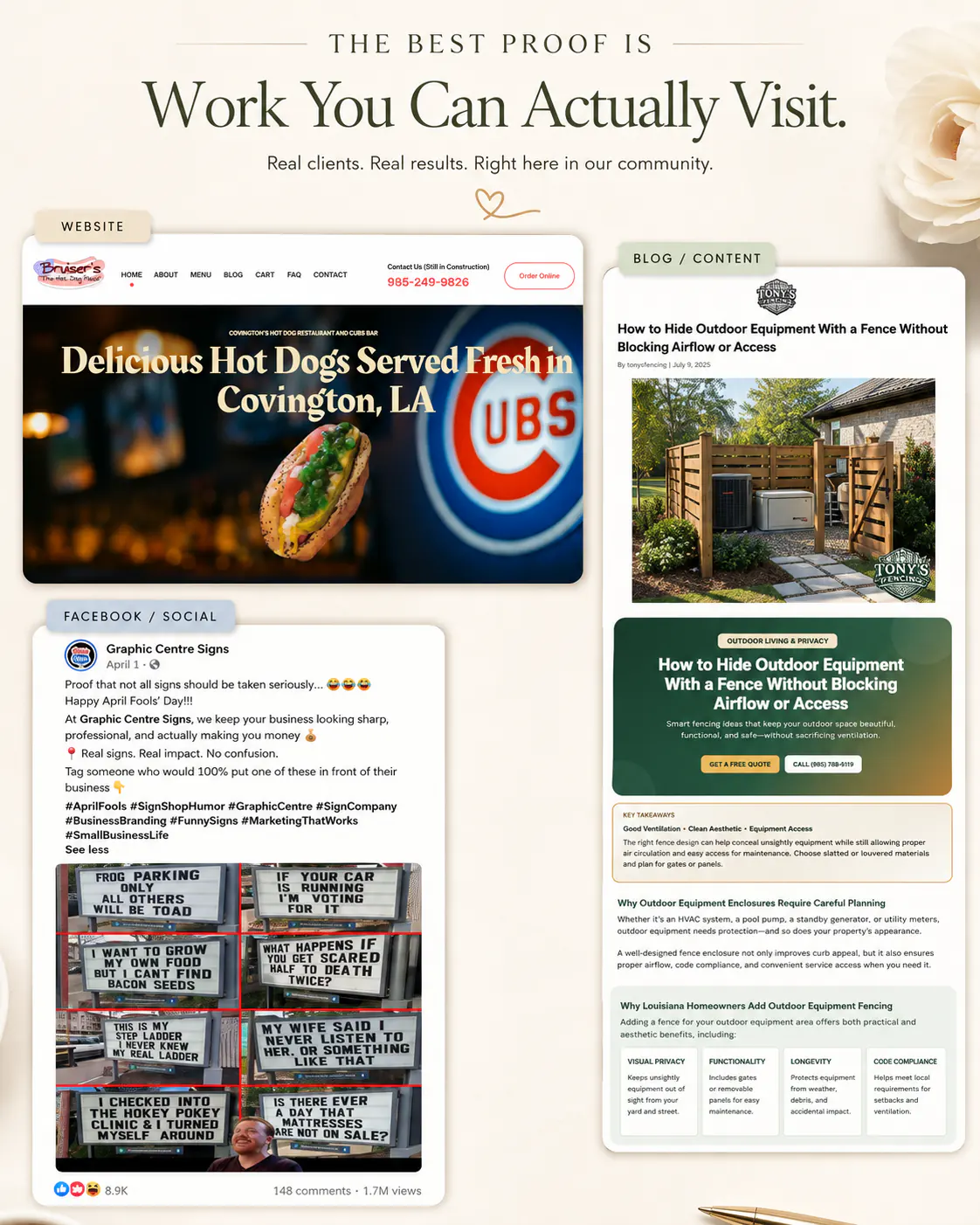 Slidell small business marketing portfolio with Louisiana websites, Facebook content, and published blogs