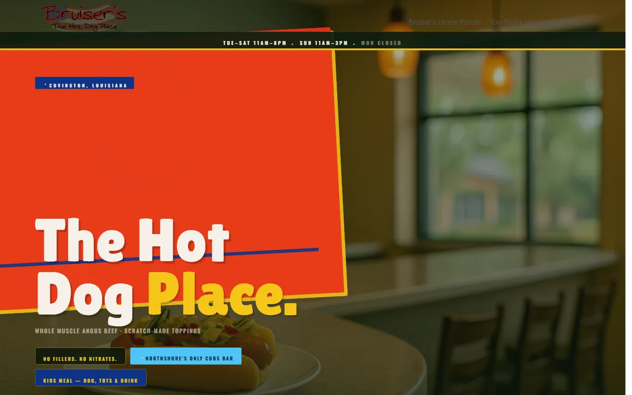Bruiser's homepage proof: The Hot Dog Place headline over a photo of the Covington restaurant counter