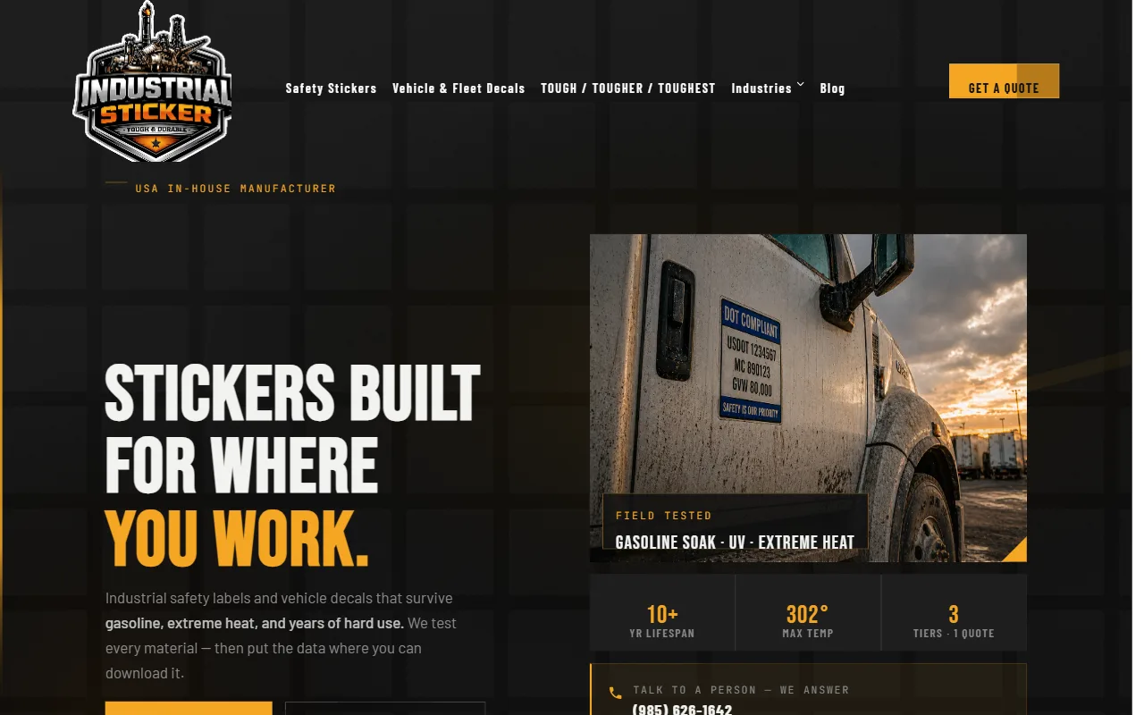 IndustrialStickers.com homepage: Stickers Built for Where You Work, beside a fleet truck with safety decals