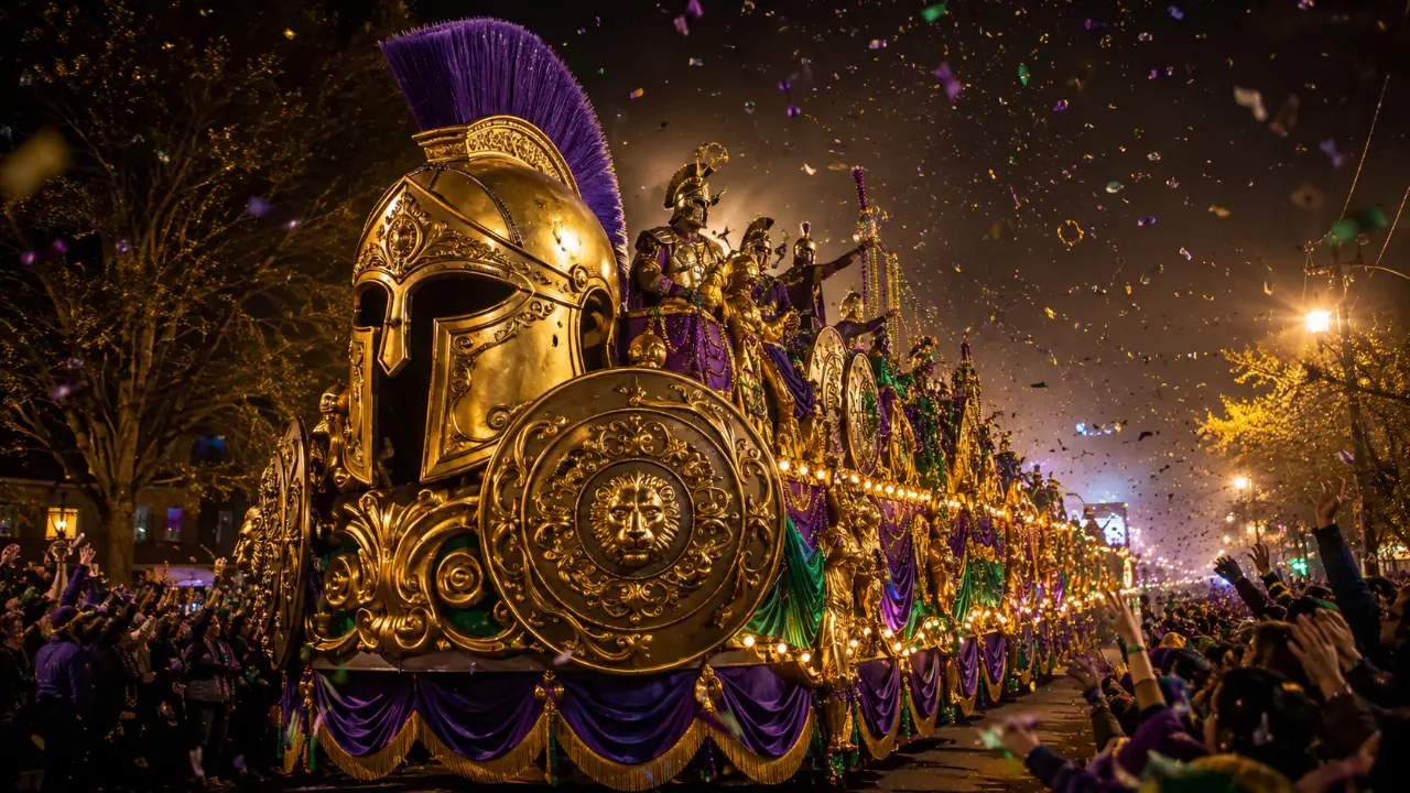 Krewe of Centurions golden centurion float on parade night